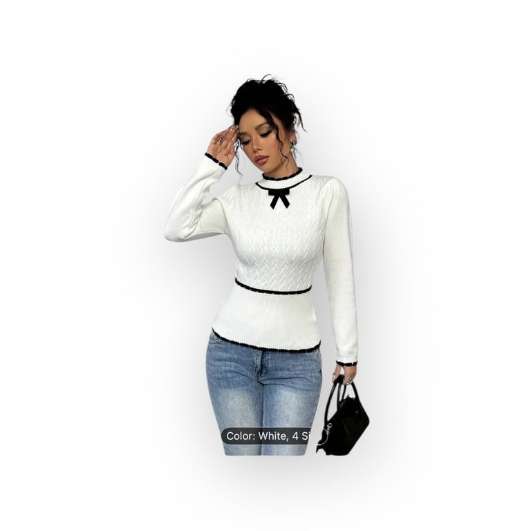 Women's White Slim Fit Long Sleeve Sweater with Black & White Striped