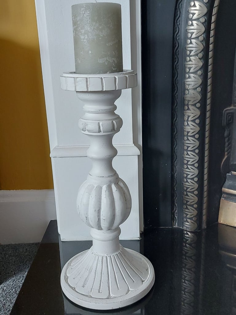Shabby chic white rustic candle stick holders and candles x two