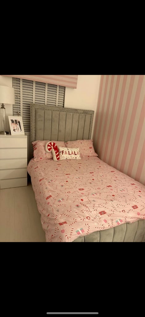 image for Small high head board grey plush velvet studded bed 