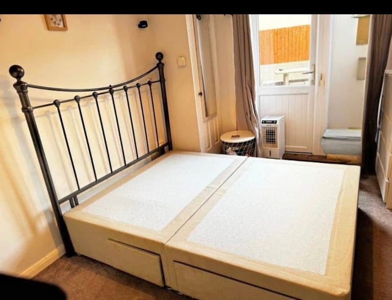 Stylish Double Black Metal Bed With Mattress / Divan Storage Base