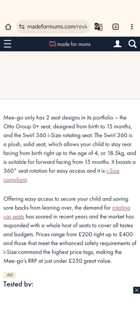 Car seat Mee-go Swirl 360 i-Size Group 0+/1 Car Seat. 