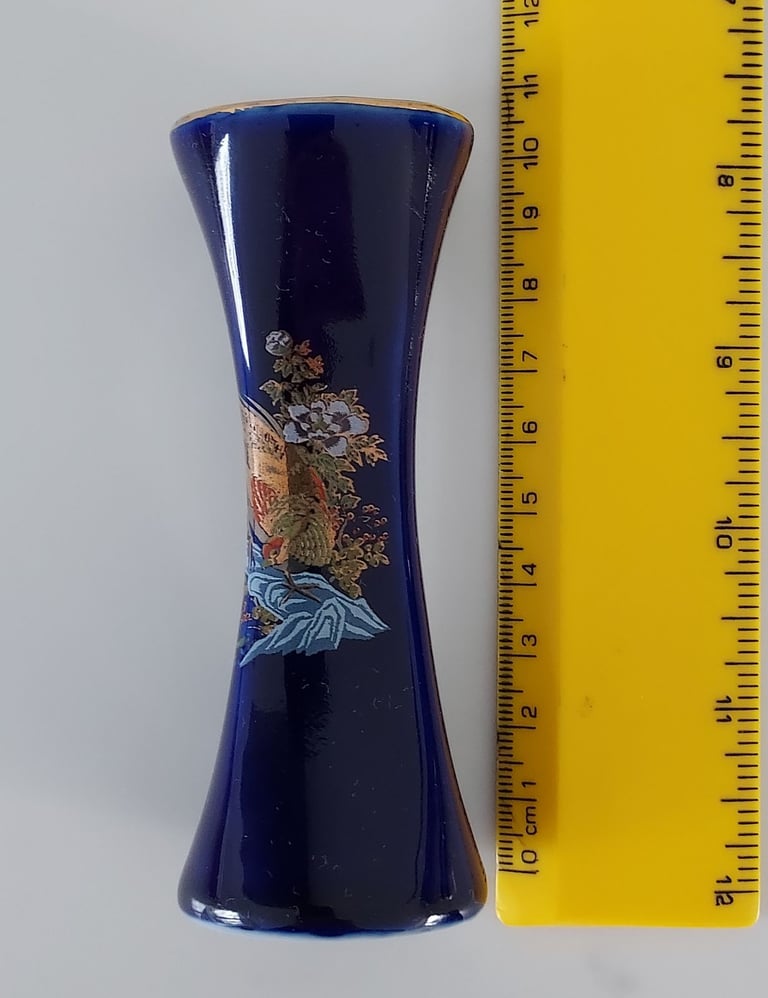 Cobalt Blue Ceramic Pottery Bud/Posy Vase Oriental Bird Design 10 cm Tall
