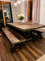 Vintage Industrial Dining Table and 2 Benches