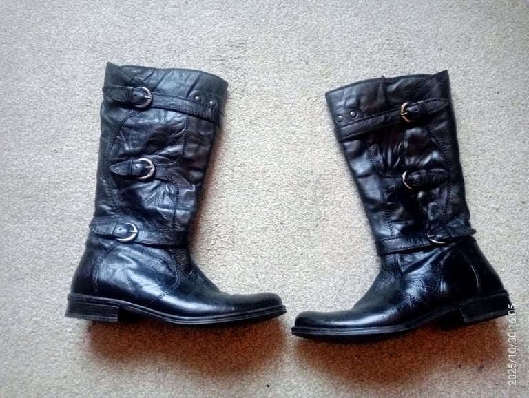 image for Black vegan leather rock chick gothic biker style long buckle boots size 5