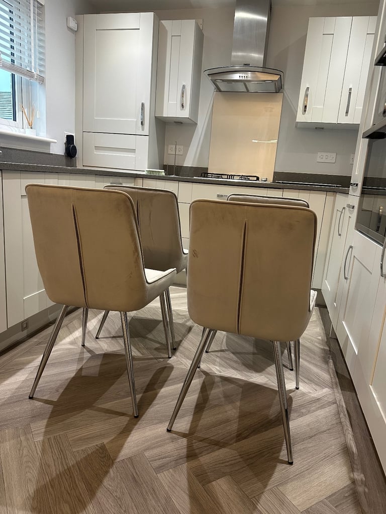 Grey marble effect glass top dining table with chrome legs and 4 grey suede dining chairs 