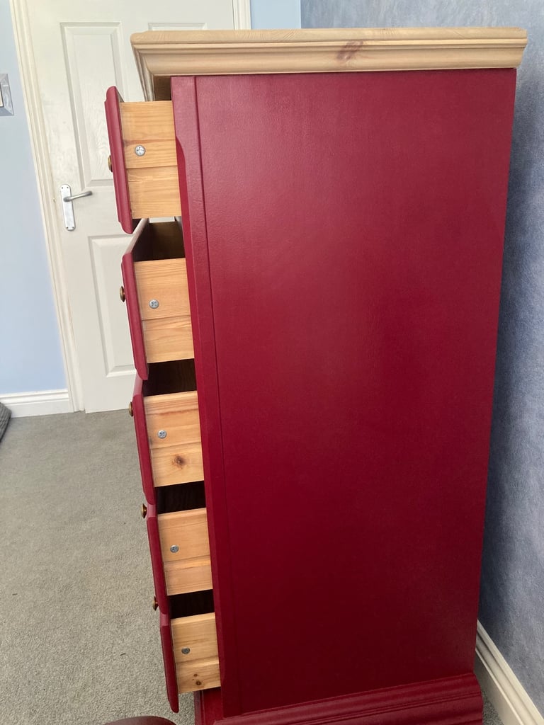 Refinished Pine/Burgundy Chest Of Drawers 