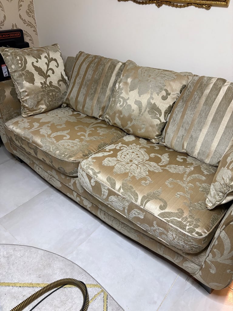 2 x SCS 4-Seater Sofas – Excellent Condition – Mink Gold Fabric – £200 Both – Delivery NG3