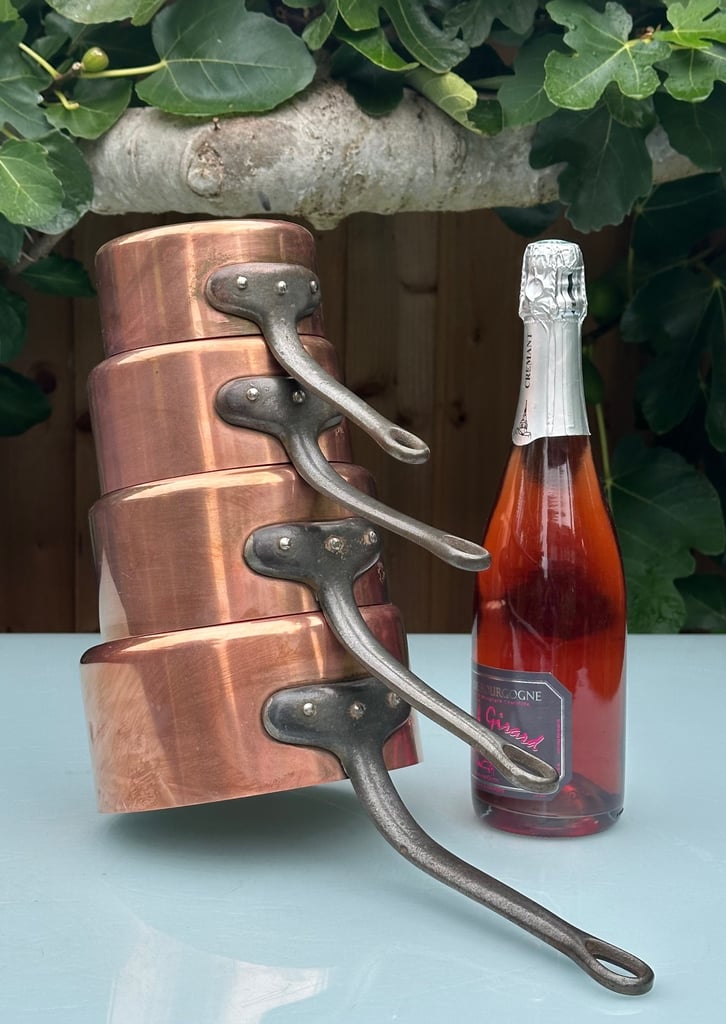 image for VINTAGE FRENCH COPPER PANS, SET OF FOUR LINED SAUCEPANS, 18-12cm - FABRICATION FRANCAIS - WILL POST!