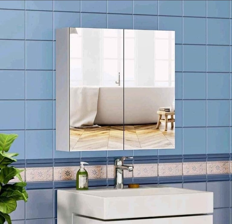 White Bathroom Cabinet Mirrored 2 Doors 3 Shelves Wall Mounted Storage Morden