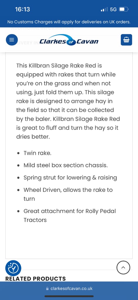 KILLBRAN SILAGE RAKE FOR RIDE ON PEDAL TOY TRACTOR