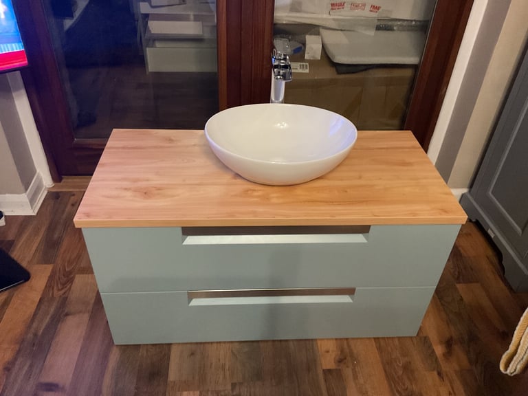 Evoke 1000mm wall hung vanity in Aquamarine, counter, basin, mixer and waste