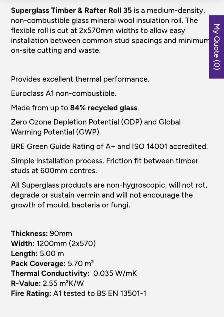 Insulation 14 rolls Superglass Timber & Rafter Roll 35 non-combustible glass mineral wool