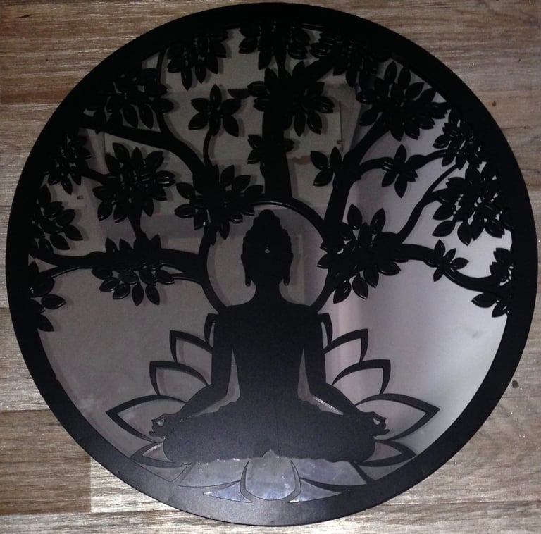 image for BUDDHA TREE OF LIFE BLACK METAL MIRROR WALL ART