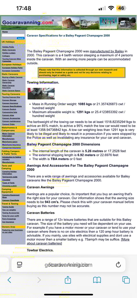 5 berth Bailey Ranger with awning. Can deliver.
