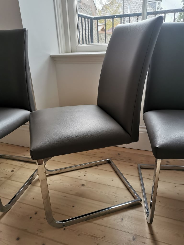 3x Grey leather and chrome dining chairs