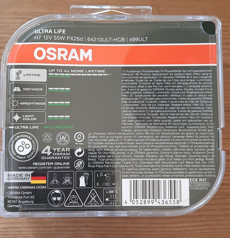 H7 Osram 12V 55W PX26d Ultra life headlight DuoBox 