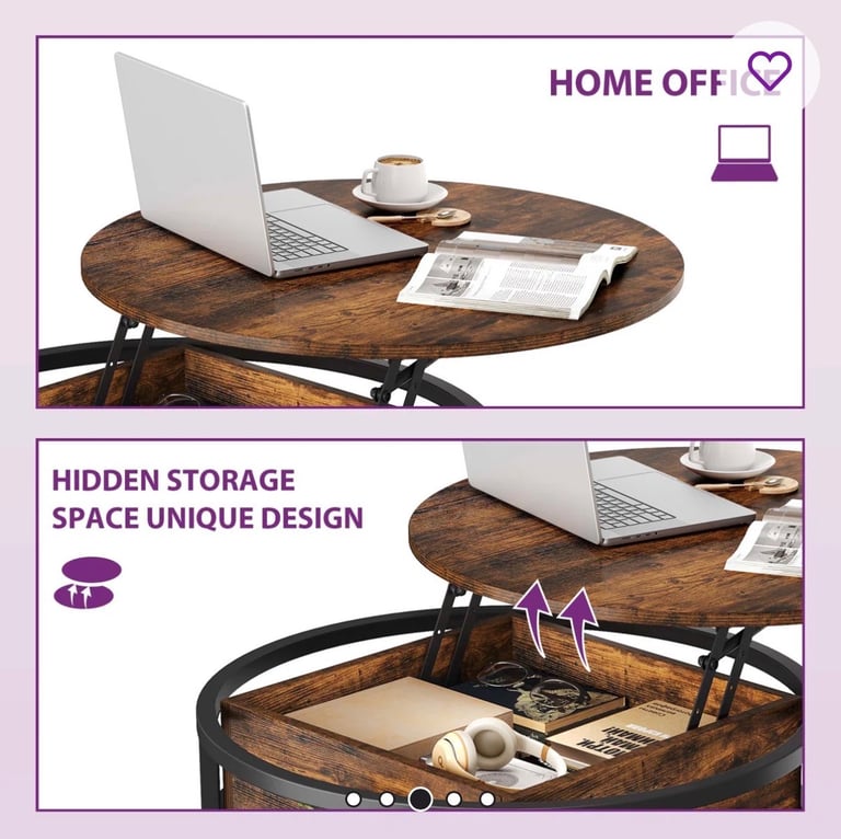 Round Lift Top Coffee Table with Storage Wood for Home Living Room Office Brown