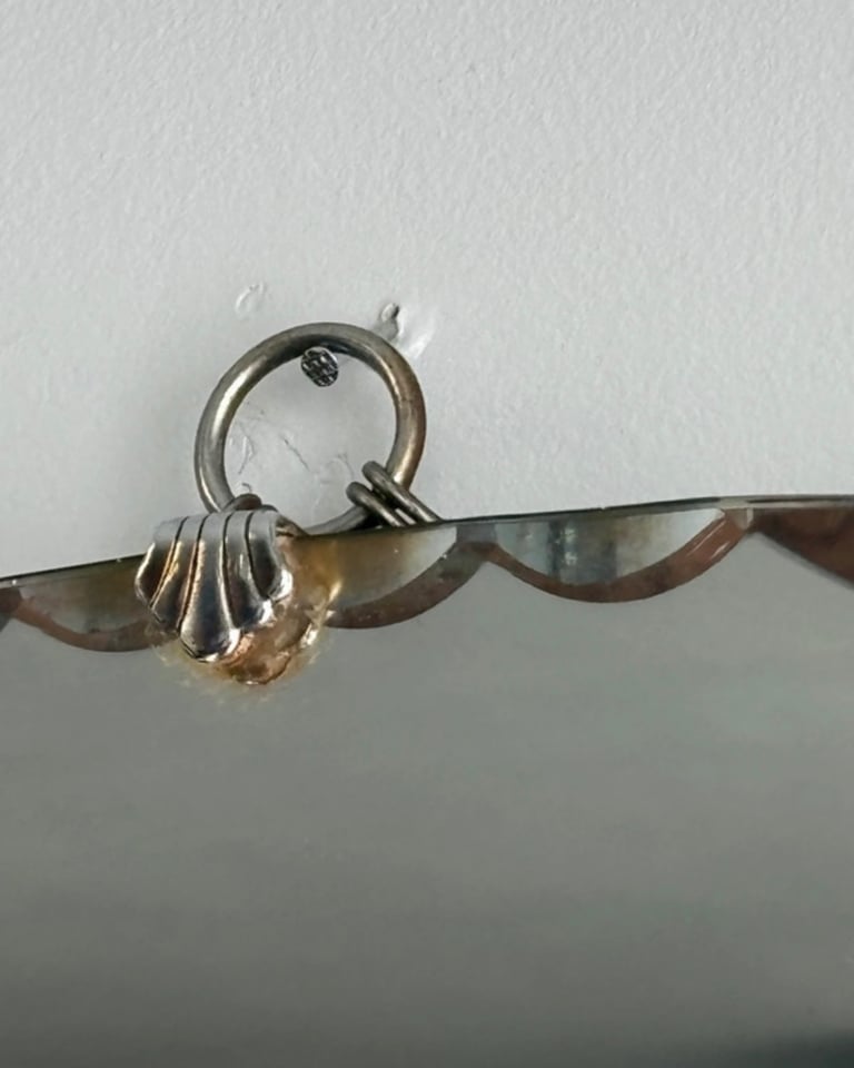 Vintage mid-century Frameless Mirror Art Deco Bevelled Painted Dog 20’s 30’s shell metal