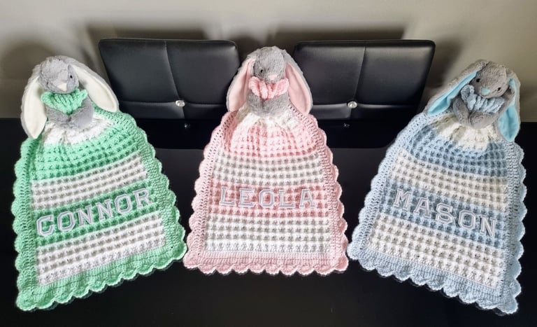 Crochet Baby Comfort Blanket, Personalised, Girls and Boys colours available
