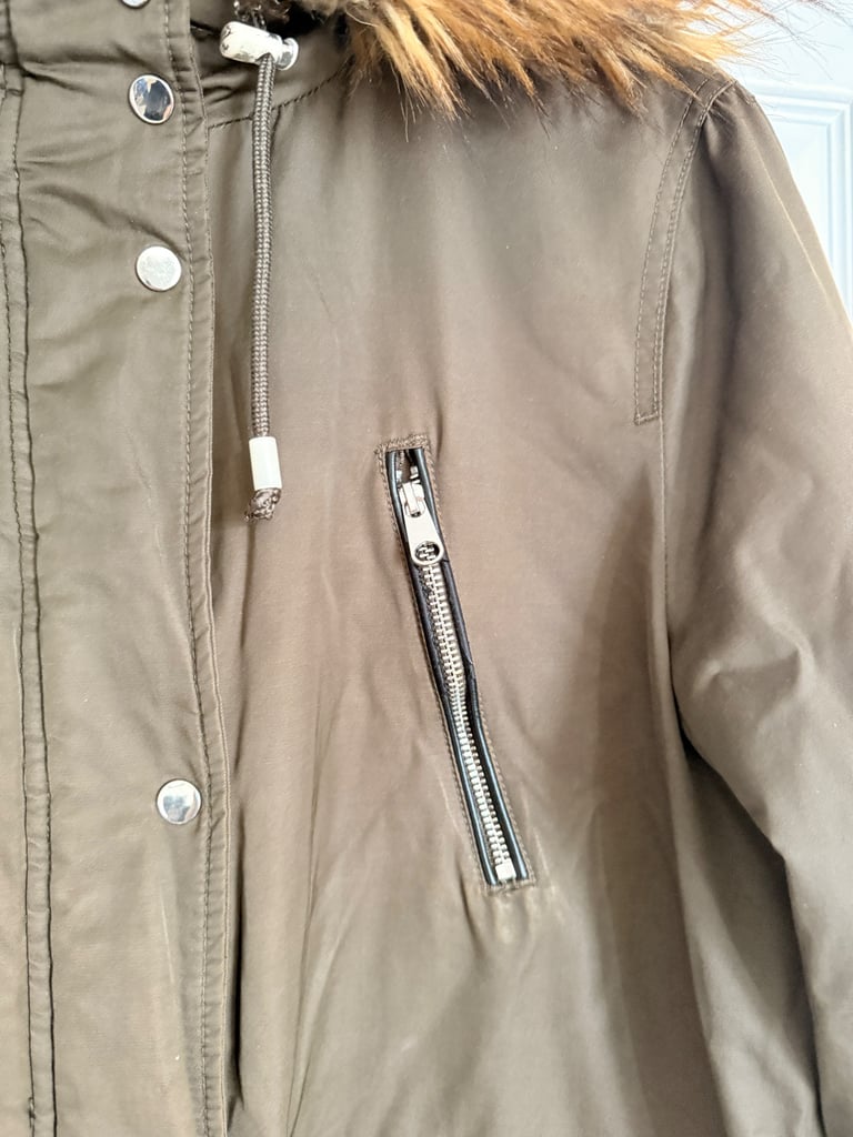 F&F - Olive Green Parka Coat with Faux Fur Hood - Size UK 22