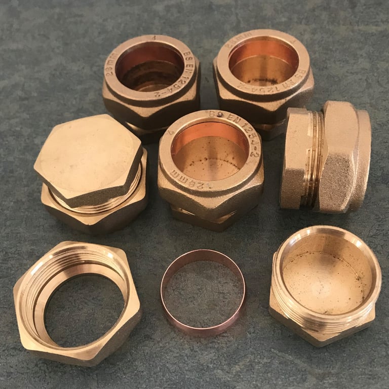 image for Unused brass 28mm compression stop ends c/w olives x 6. £25 ovno lot. Can post.