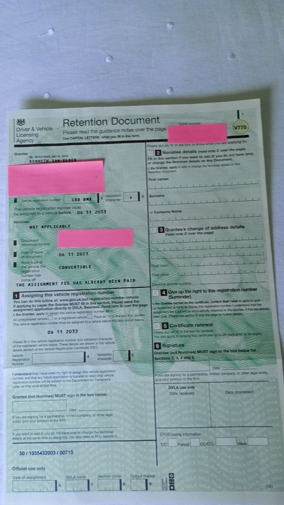 Vehicle Reg. No. S88 BMX Retention Certificate.