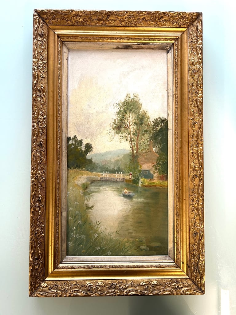 image for Antique Oil Painting on Canvas — Riverside Scene (dated 1906)