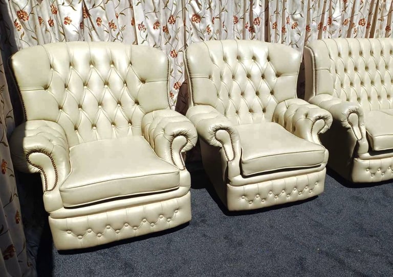 Beige Chesterfield 3 seater sofa and 2 armchairs