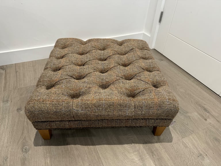 Harris Tweed Fabric Herringbone Buttoned Chesterfield Chair Low Footstool