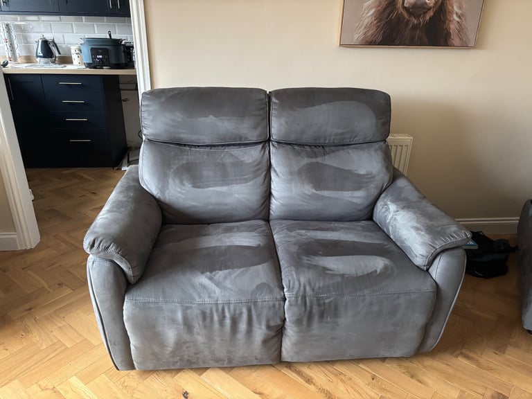 image for Grey sofa, electric recliner with powered headrest & storage pouffe/seat