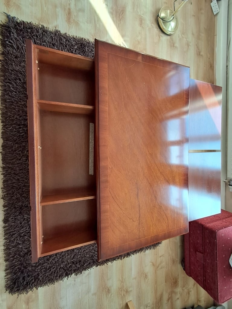 Bradley Furniture Burr Yew Wood Two Drawer Coffee Table + Butlers Serving Trays