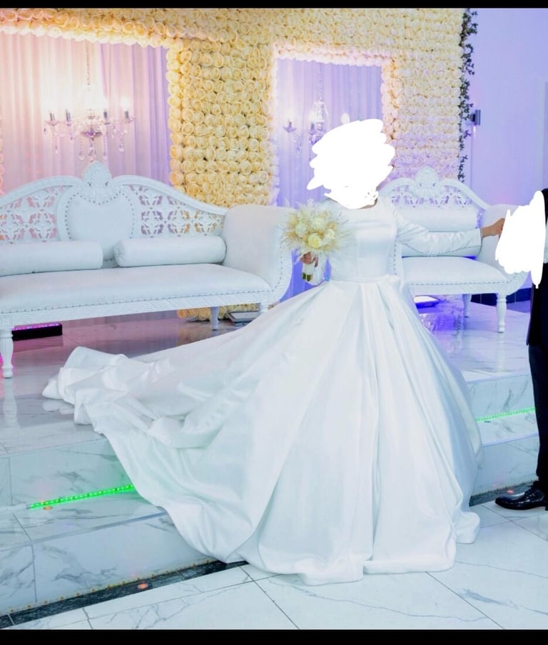 image for White Satin Long Trail Elegant Buttoned Long Sleeve Modest Wedding Dress