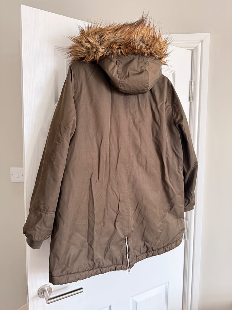 F&F - Olive Green Parka Coat with Faux Fur Hood - Size UK 22