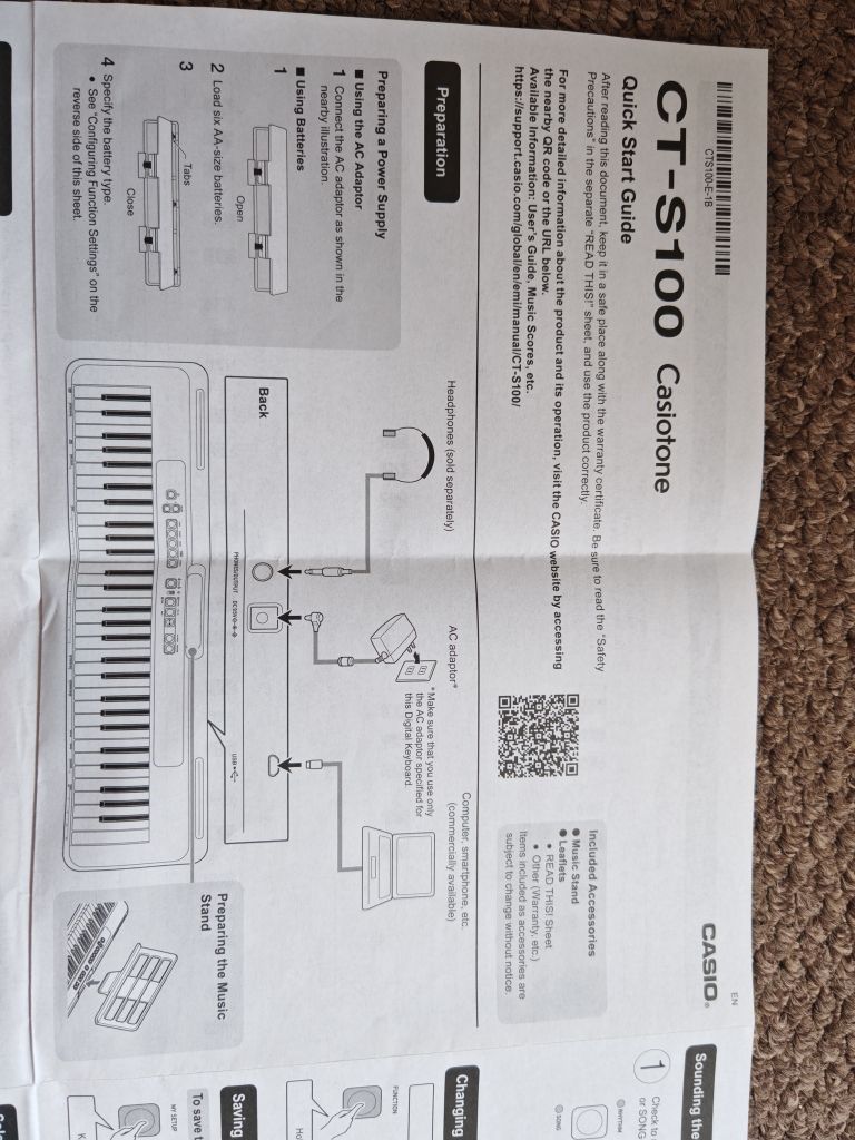 Keyboard Casio CT S100 61 key with stand, bench, headphones and adaptor