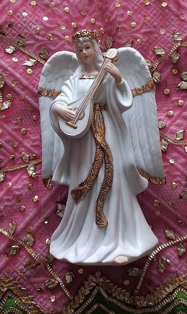 image for ANGEL VINTAGE CHRISTMAS DECORATIONS TRADITIONS ORNAMENT LUTE Large Porcelain Figurine White Gold