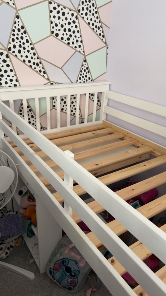 White wooden mid sleeper with desk and mattress 