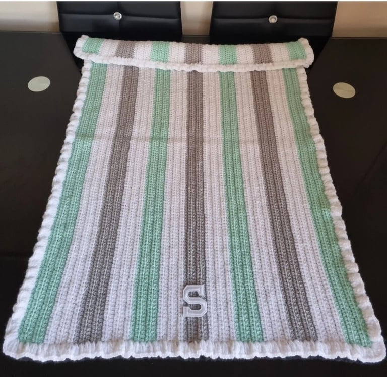 Crochet Baby Blanket, Personalised, Mint, White & Grey