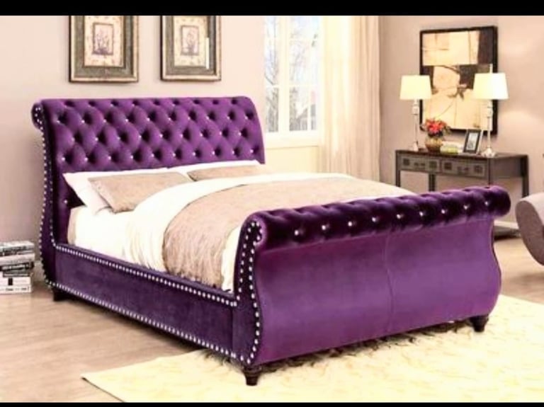 Purple velvet sleigh bed