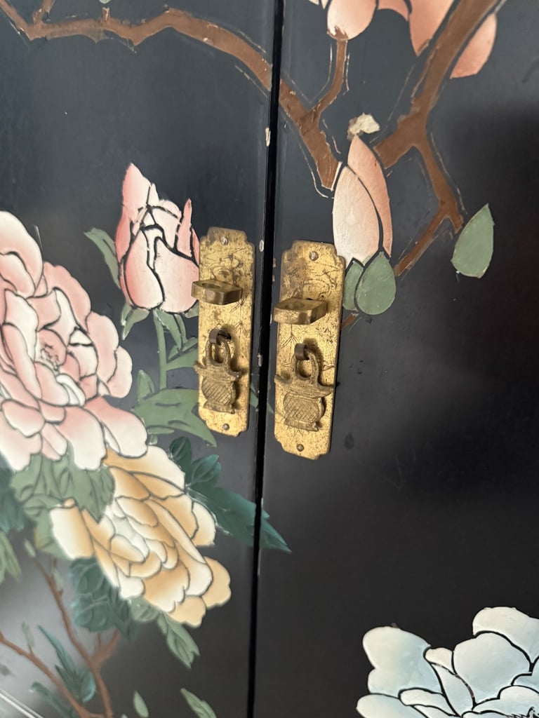 Vintage Japanese-Style Hand-Painted Lacquer Cabinet with Brass Fittings