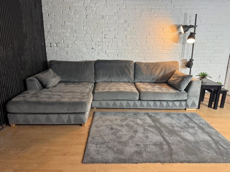 DFS – Large Grey Velvet Plush Corner Sofa + Matching Footstool