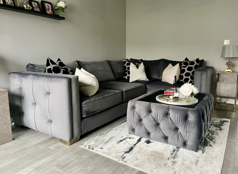 image for Grey velvet corner sofa and table 