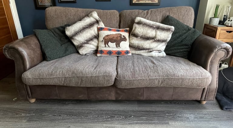 Barker & Stonehouse brown leather and material 3 seater sofa