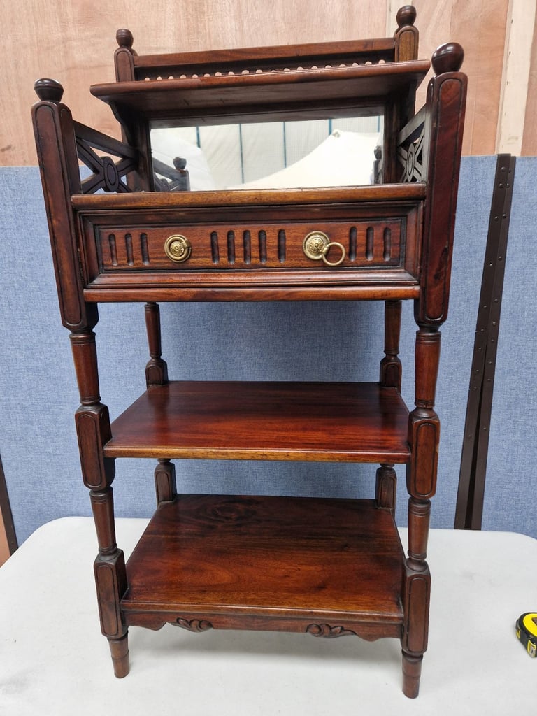 Contemporary hardwood what-not with mirror and drawer