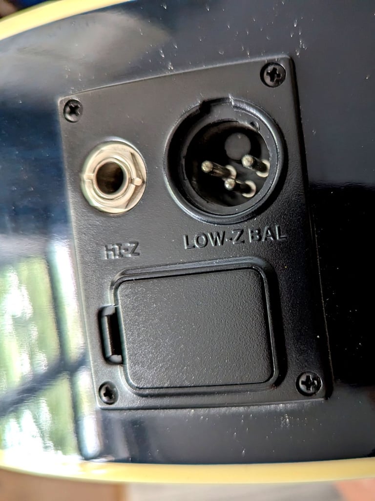 Blue acoustic guitar with built-in tuner, XLR output, preamp and magnetic pickup