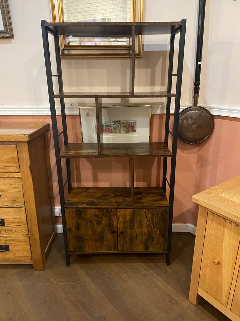 Shelving & cupboard unit in wood and black iron, very attractive vgc