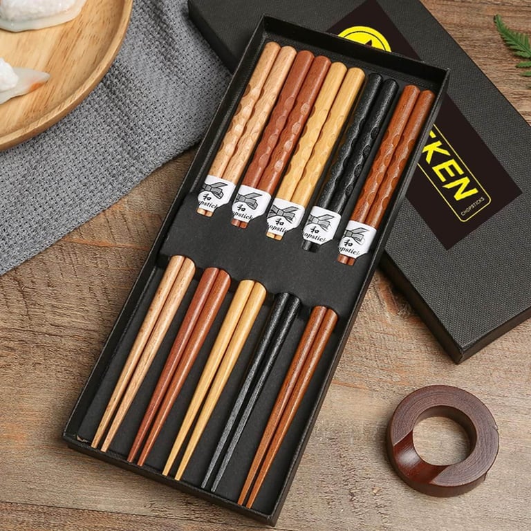 image for Brand New & Boxed 5 Sets of Japanese Korean Natural Handmade Wooden Reusable Chopsticks