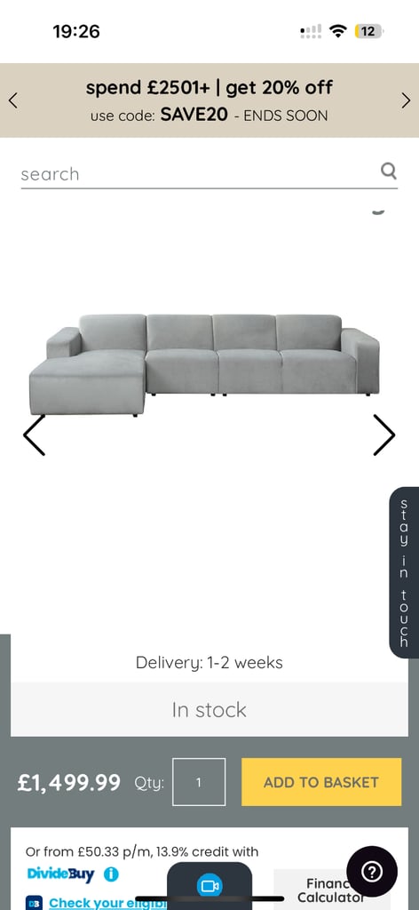 Beautiful velvet dove grey sofa 