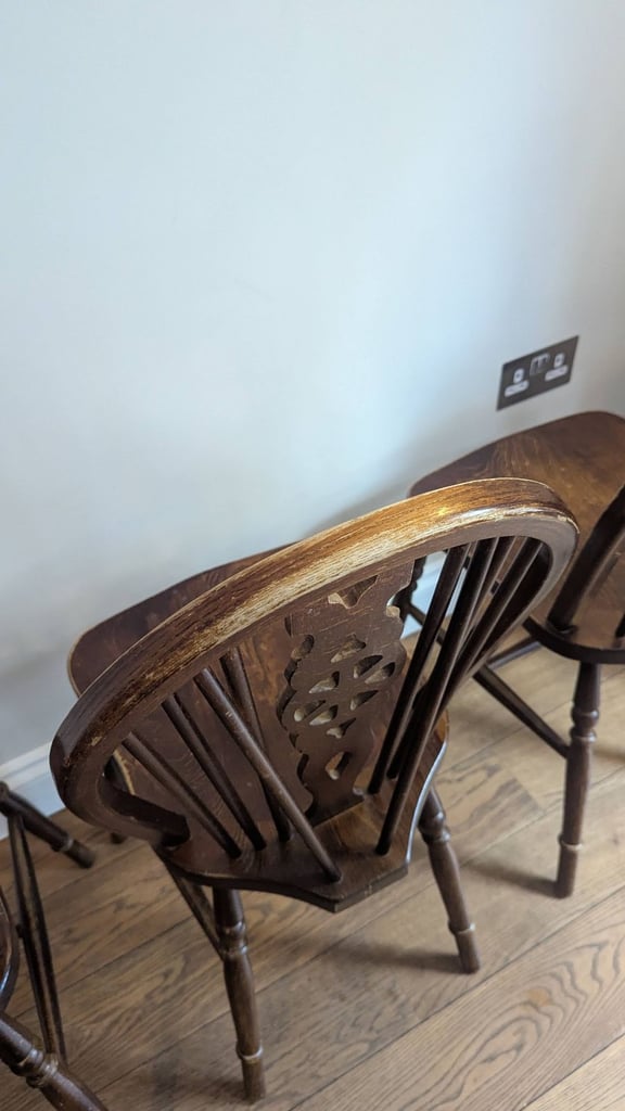 Set of 4 Vintage Wheelback Chairs, dark wood
