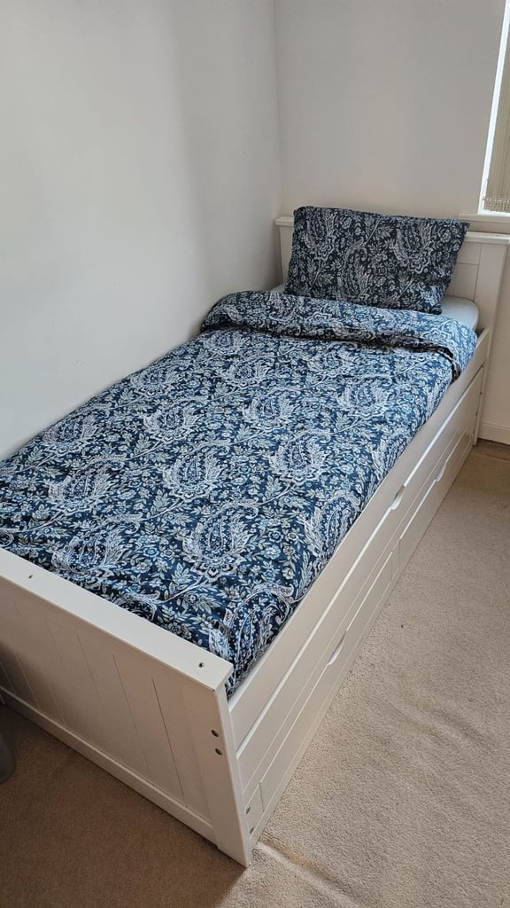 image for White Wooden Single Guest Bed with Trundle, Storage Drawers & 2 Mattresses