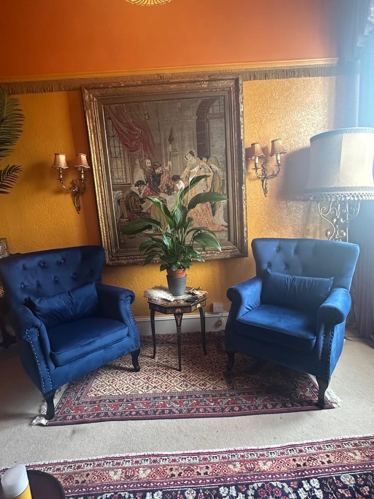 OFFERS ACCEPTED: (£62.50 each) Royal Blue Velvet Armchair Chesterfield